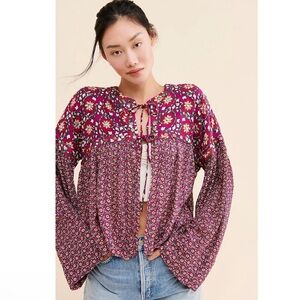 Free People Malia Embellished Floral Mixed Media Tie Front Boho Flowy Jacket L